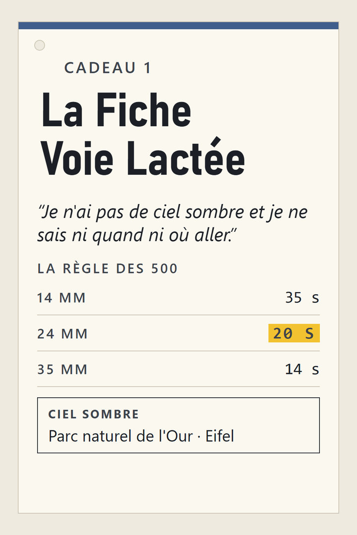 Cadeau 1 : La Fiche Voie Lactée – la règle des 500 par objectif, les meilleures nuits pour la Voie lactée et les sites de ciel étoilé au Luxembourg