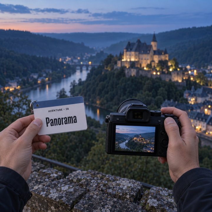 Des mains tenant un appareil photo au belvédère au-dessus de la vallée de l'Our après le coucher du soleil ; dans l'autre main la fiche Belvédère