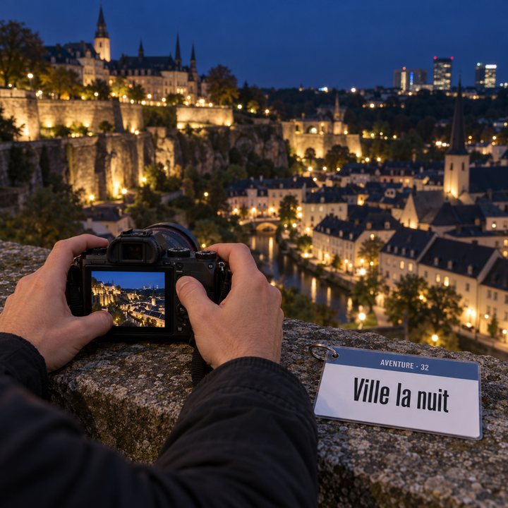 Des mains calant un appareil photo sur le parapet de la Corniche, avec la ville haute de Luxembourg illuminée en face, à côté de la fiche Ville la nuit