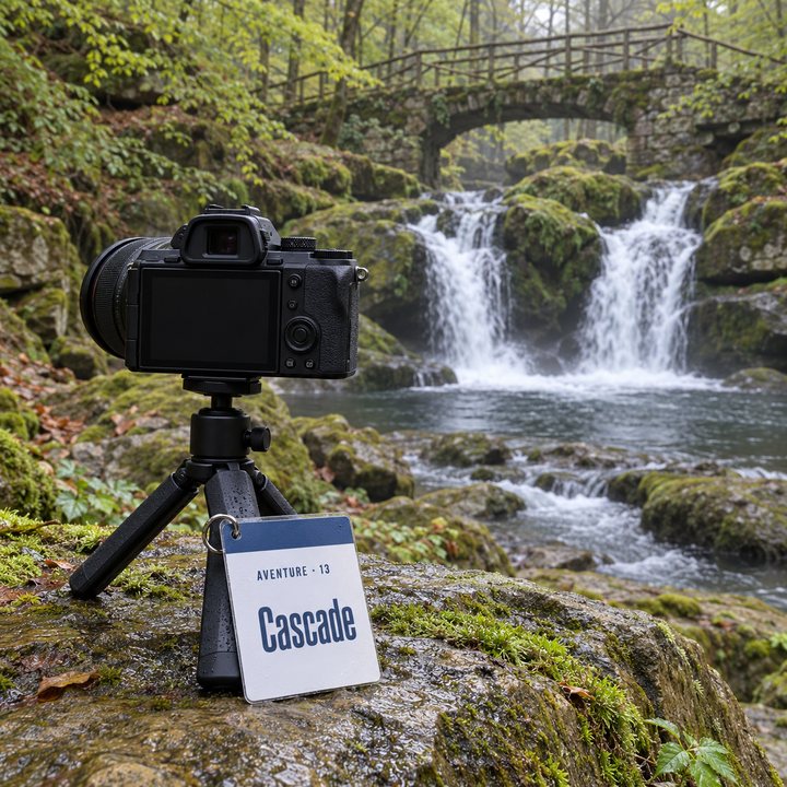 Un appareil photo sur un mini-trépied près de la cascade du Schiessentümpel dans le Mullerthal, la fiche Cascade appuyée contre un pied