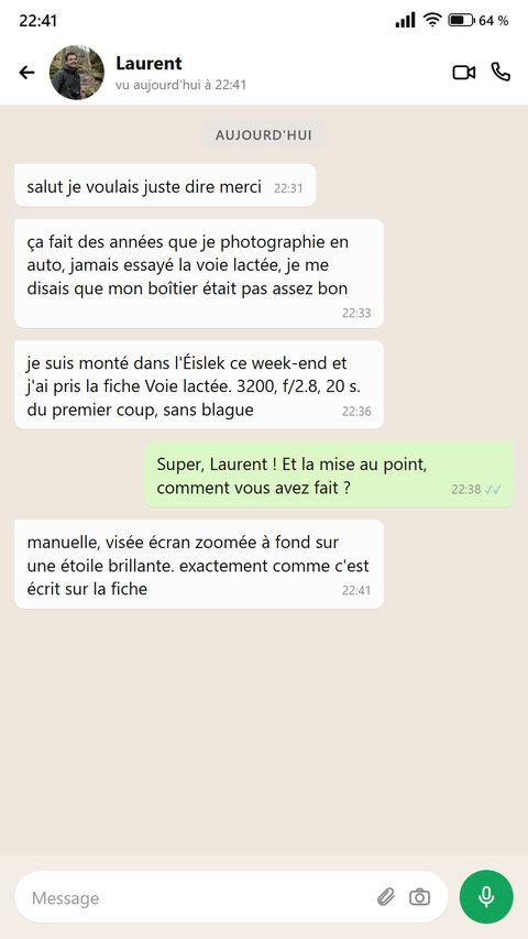 Un photographe amateur écrit que la Voie lactée est sortie du premier coup avec les chiffres de la fiche