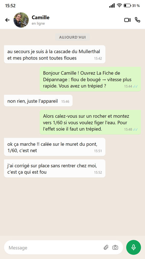 Quelqu'un écrit que grâce à la Fiche de Dépannage il a corrigé une photo floue sur place