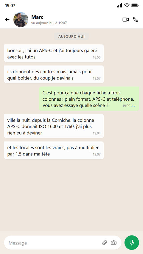 Un possesseur d'APS-C écrit que les trois colonnes lui ont dit quoi régler