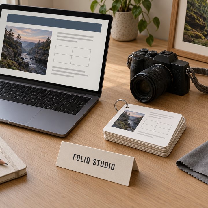 Le bureau de Folio Studio : ordinateur portable, fiches sur un anneau, appareil photo et carnet