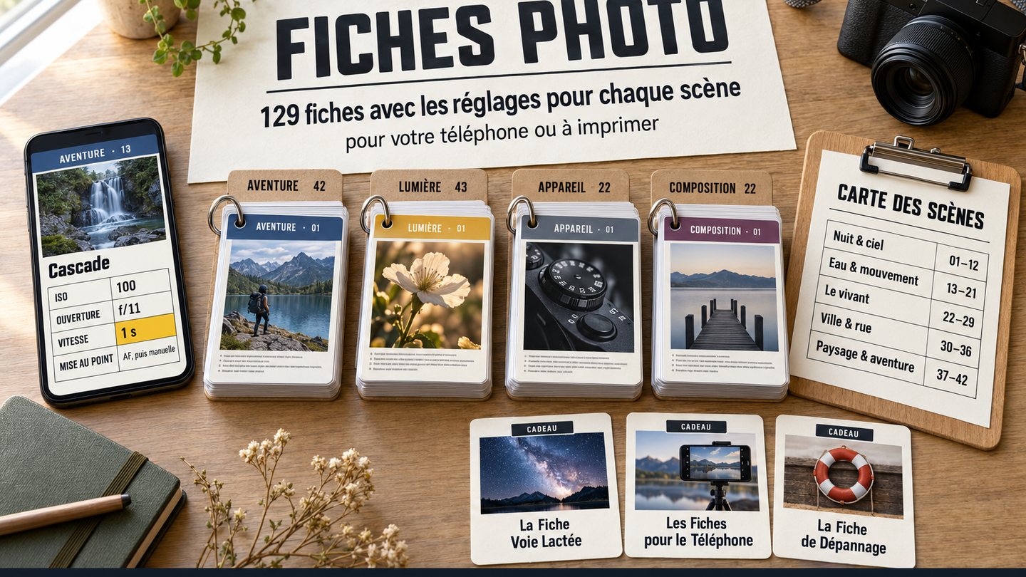 Le kit complet sur une table : un téléphone affichant une fiche, les 129 fiches de scène, la Carte des Scènes et 3 cadeaux à côté d'un appareil photo