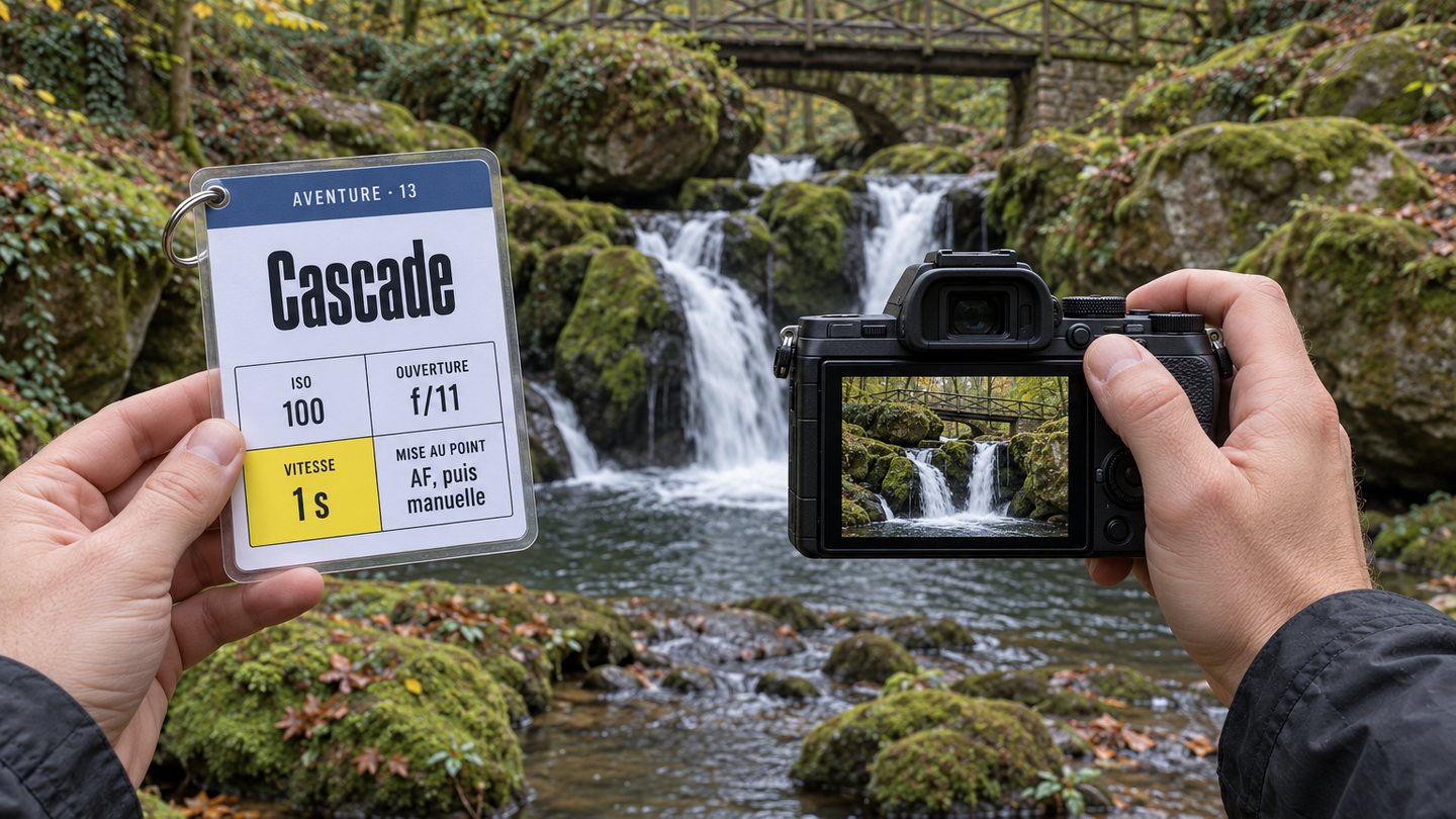 Des mains tenant un appareil photo devant la cascade du Schiessentümpel dans le Mullerthal, et dans l'autre main la fiche Cascade avec ses quatre chiffres