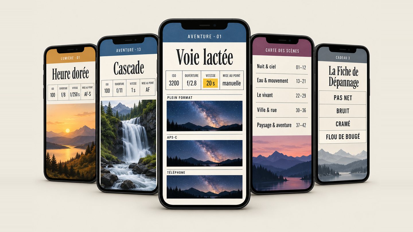 Tout le kit sur des téléphones : les fiches, la Carte des Scènes et les cadeaux