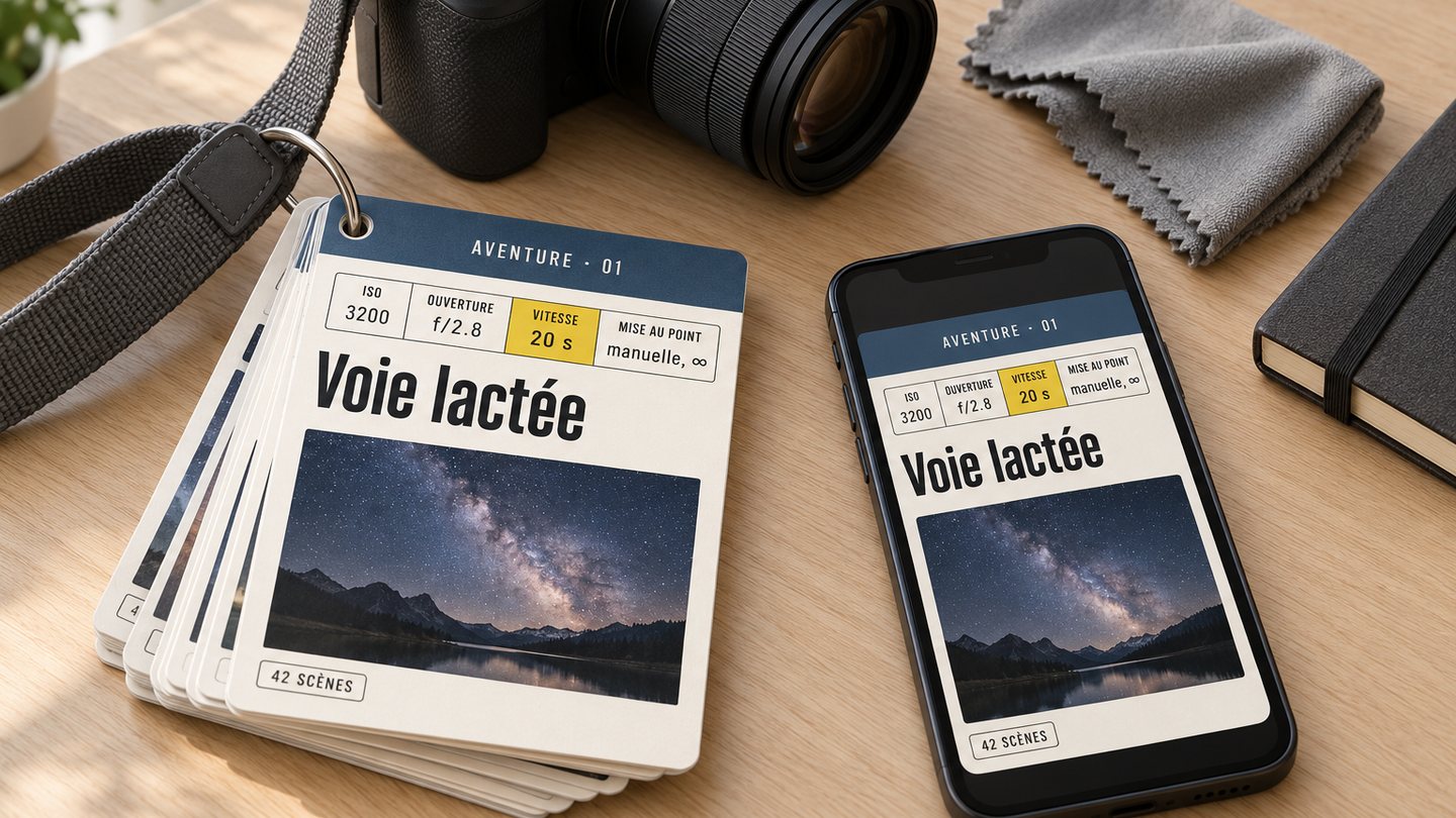 42 Fiches Aventure : des fiches plastifiées sur un anneau à côté d'un appareil photo et d'un téléphone affichant une fiche