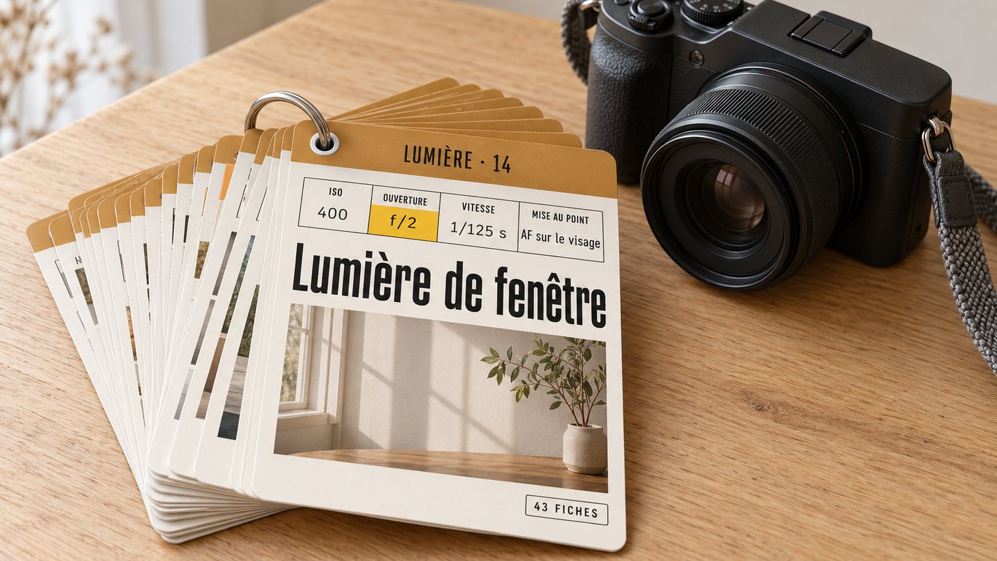 43 Fiches Lumière : un éventail de fiches sur la lumière posé sur la table à côté d'un appareil photo