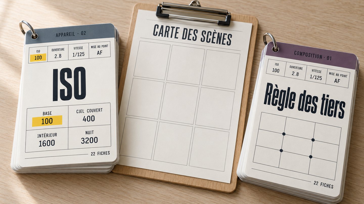 44 Fiches Appareil et Composition : deux piles de fiches sur l'appareil et la composition posées sur la table