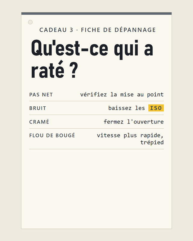 La Fiche de Dépannage Photo : pas net, bruité, cramé, flou de bougé